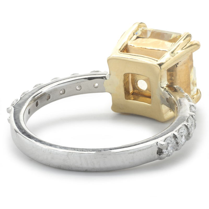 14 Karat White and Yellow Gold Fancy Yellow Cushion Cut Diamond Engagement Ring