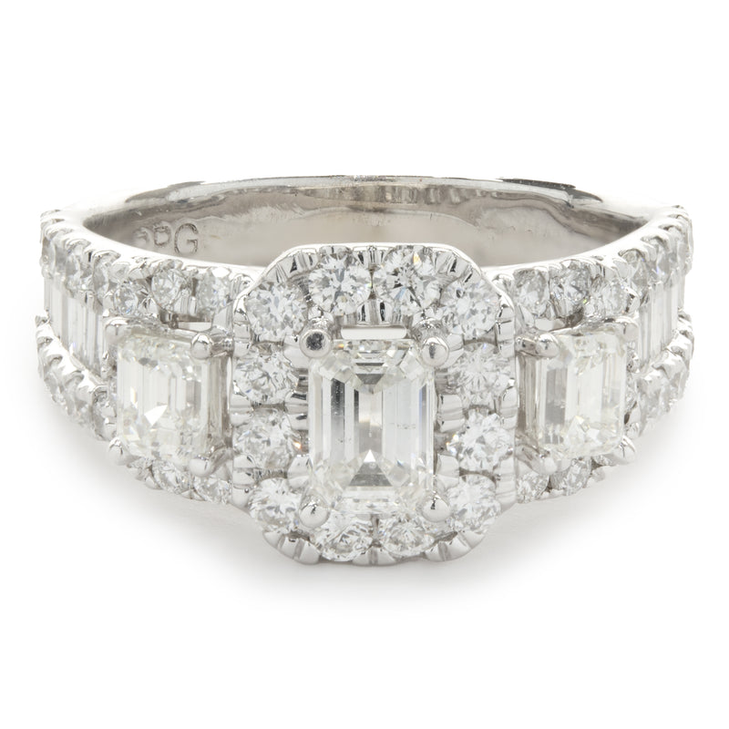 14 Karat White Gold Three Stone Emerald Cut Diamond Engagement Ring