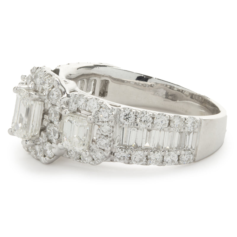 14 Karat White Gold Three Stone Emerald Cut Diamond Engagement Ring