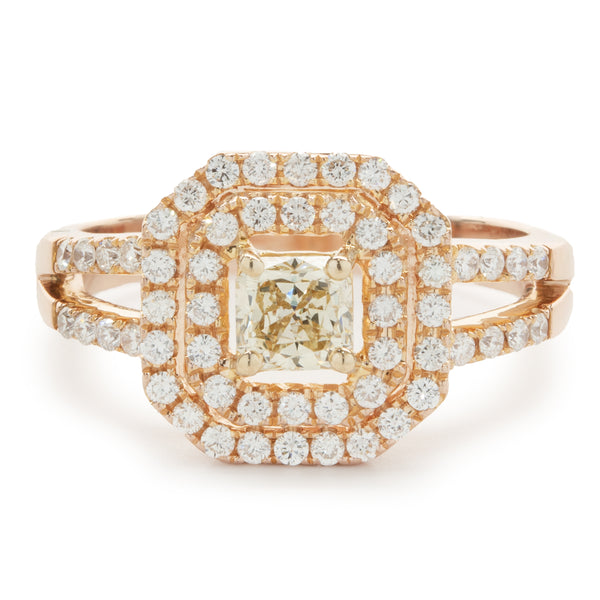 18 Karat Rose Gold Fancy Yellow and White Diamond Engagement Ring