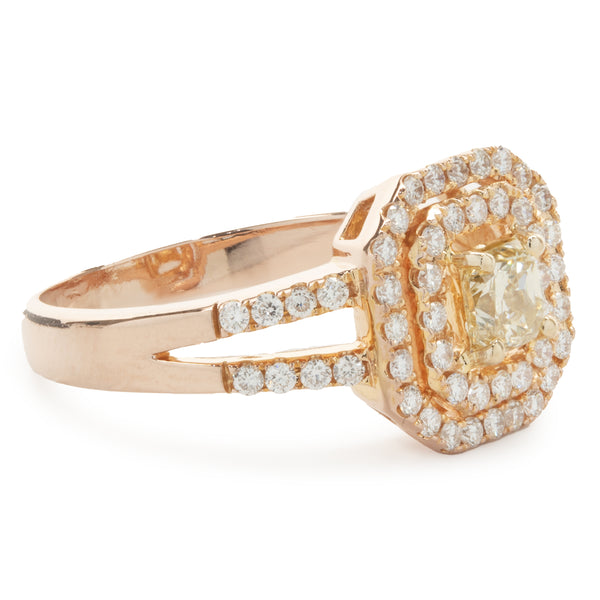 18 Karat Rose Gold Fancy Yellow and White Diamond Engagement Ring