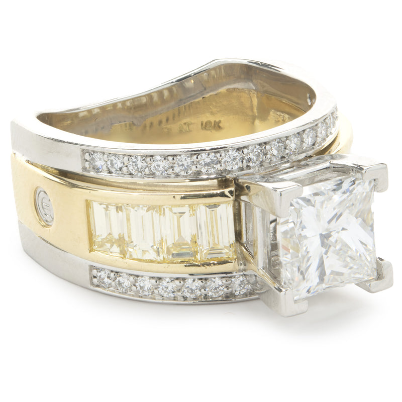 Platinum and 18 Karat Yellow Gold Princess Cut Diamond Engagement Ring