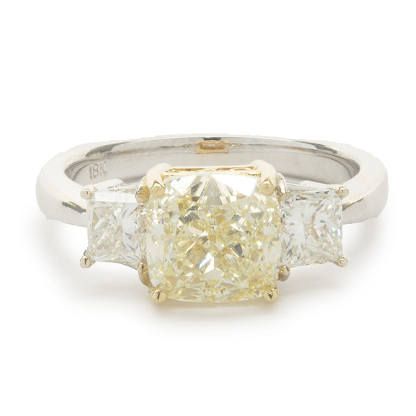 18 Karat White & Yellow Gold Cushion Cut Diamond Engagement Ring