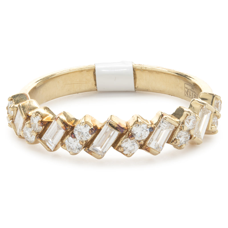 14 Karat Yellow Gold Round and Baguette Diamond Tilt Band