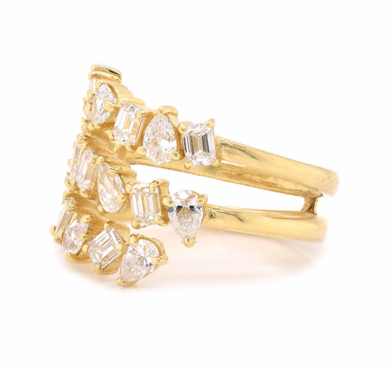 18 Karat Yellow Gold Three Row Pear and Baguette Diamond Bypass Ring
