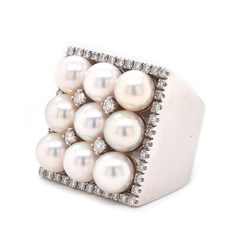 18 Karat White Gold Pearl and Diamond Square Ring