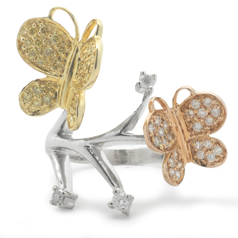 18 Karat White, Rose, and Yellow Gold Pave Diamond Butterfly Ring