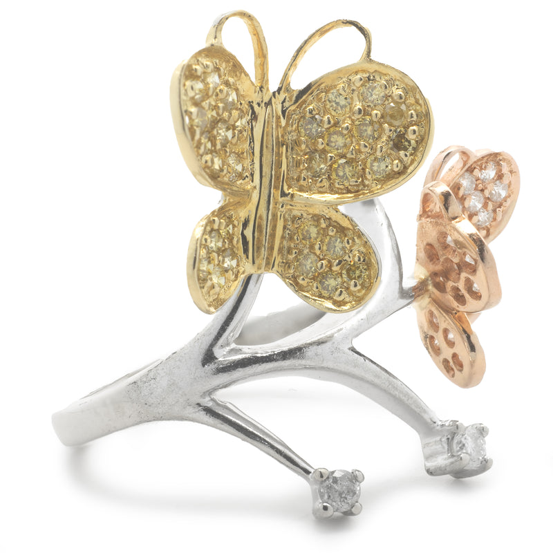 18 Karat White, Rose, and Yellow Gold Pave Diamond Butterfly Ring