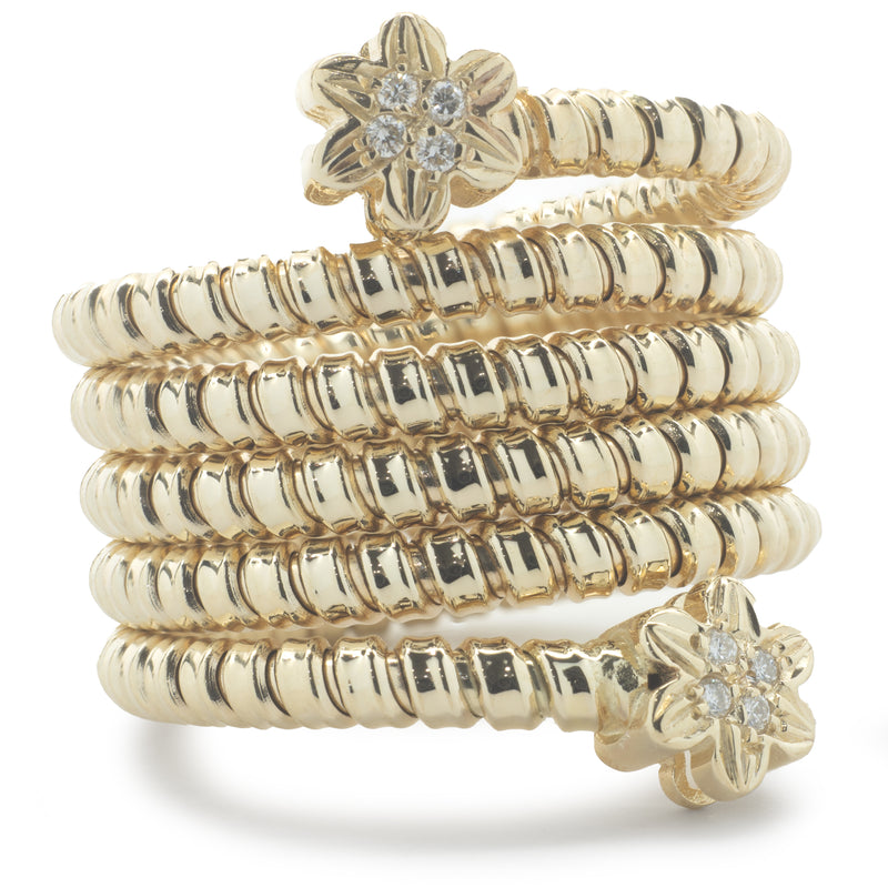 14 Karat Yellow Gold Diamond Flower Bead Stretch Ring