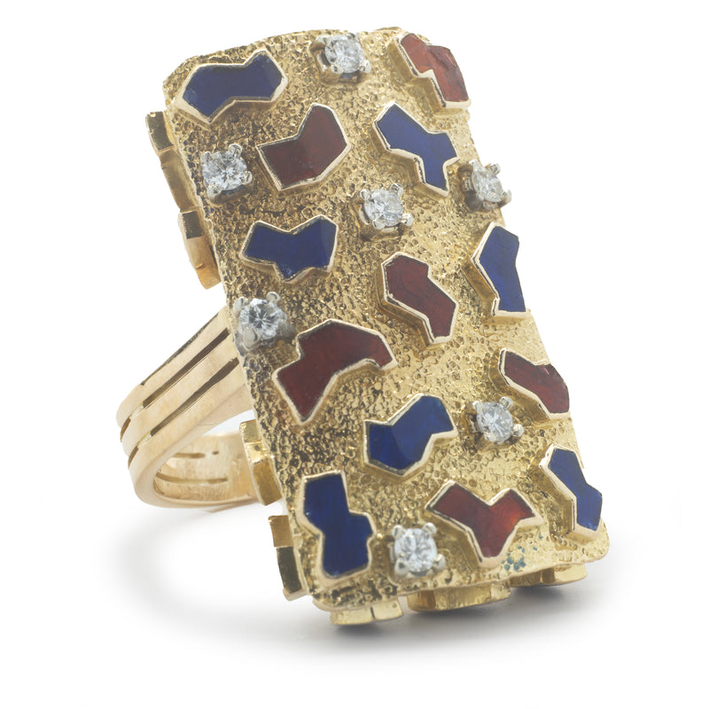 14 Karat Yellow Gold Vintage Diamond and Red / Blue Enamel Ring