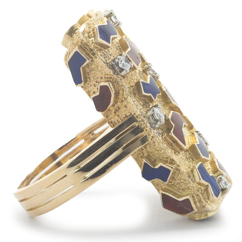 14 Karat Yellow Gold Vintage Diamond and Red / Blue Enamel Ring