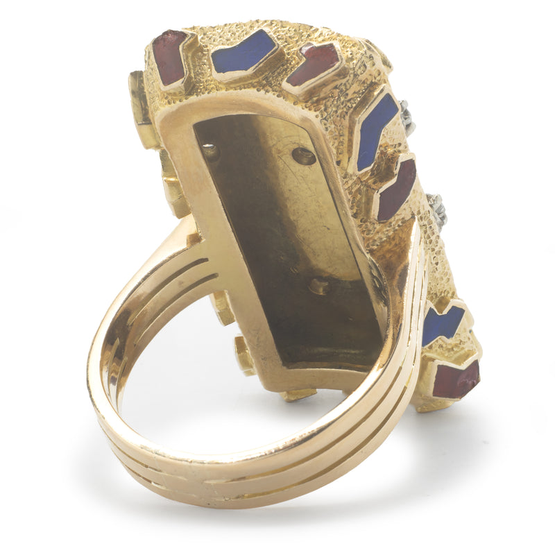 14 Karat Yellow Gold Vintage Diamond and Red / Blue Enamel Ring