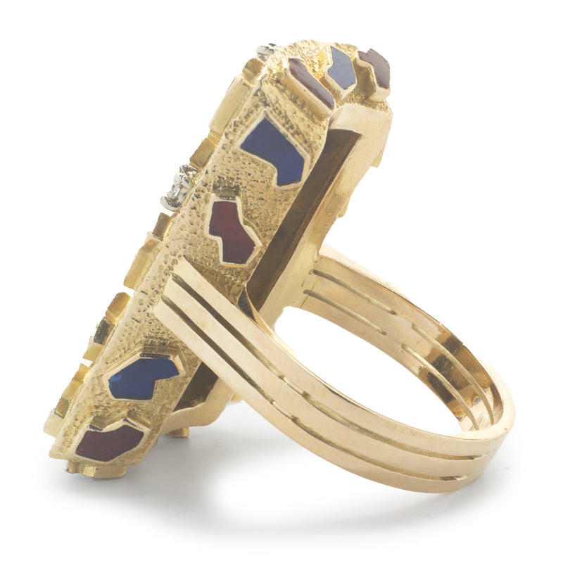 14 Karat Yellow Gold Vintage Diamond and Red / Blue Enamel Ring