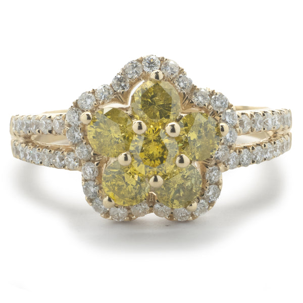 14 Karat Yellow Gold Fancy Yellow and White Diamond Flower Ring