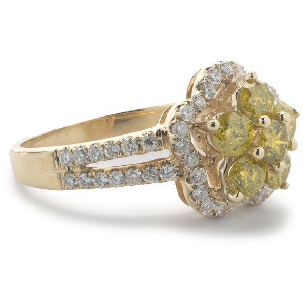 14 Karat Yellow Gold Fancy Yellow and White Diamond Flower Ring