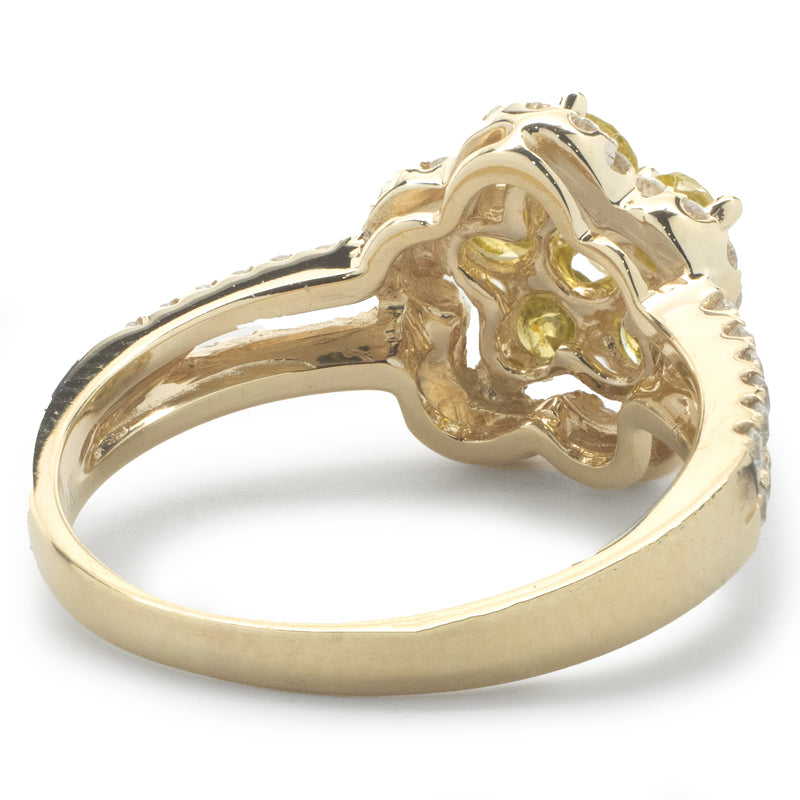 14 Karat Yellow Gold Fancy Yellow and White Diamond Flower Ring