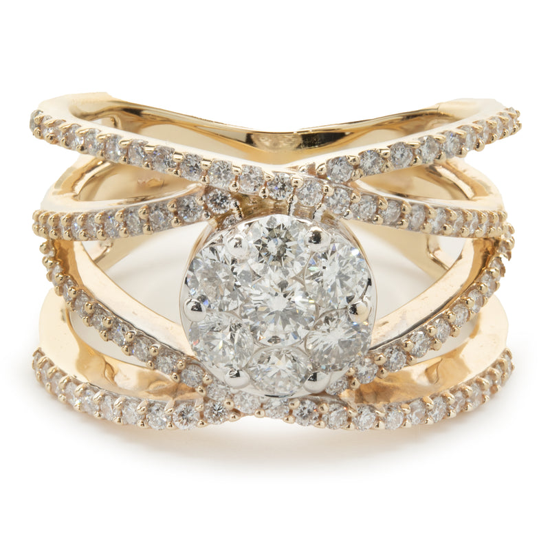 14 Karat Yellow Gold Bypass ring with Pave Diamond Circle Center