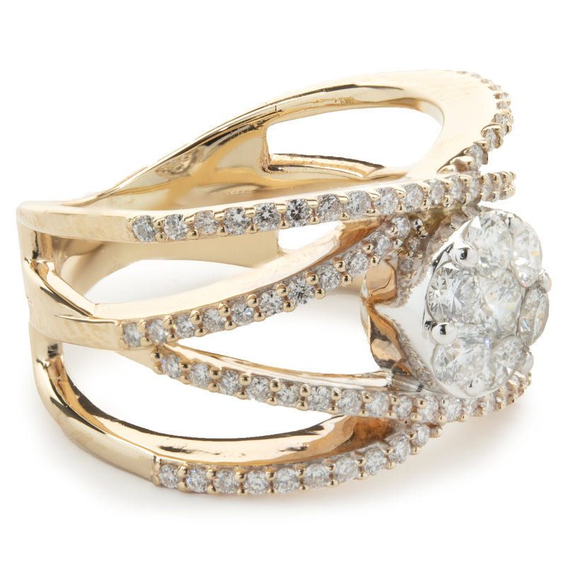 14 Karat Yellow Gold Bypass ring with Pave Diamond Circle Center