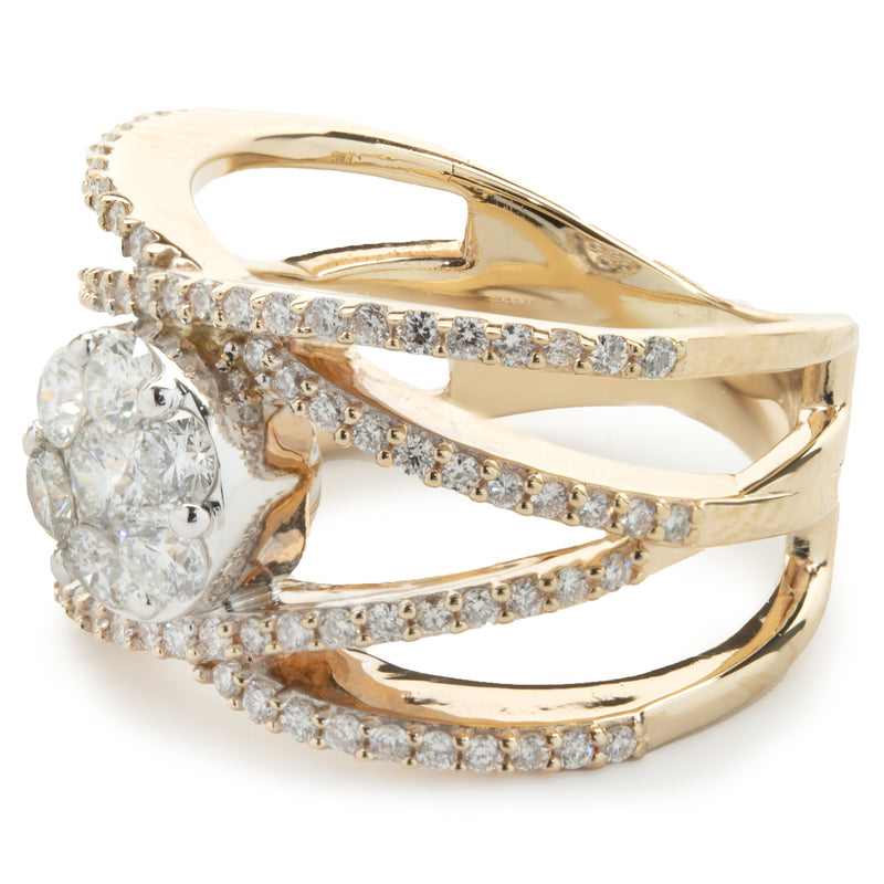 14 Karat Yellow Gold Bypass ring with Pave Diamond Circle Center