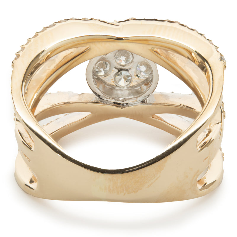 14 Karat Yellow Gold Bypass ring with Pave Diamond Circle Center