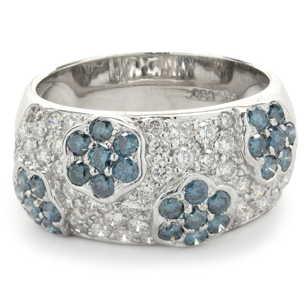14 Karat White Gold White and Blue Diamond Flower Band