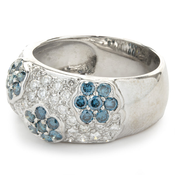 14 Karat White Gold White and Blue Diamond Flower Band