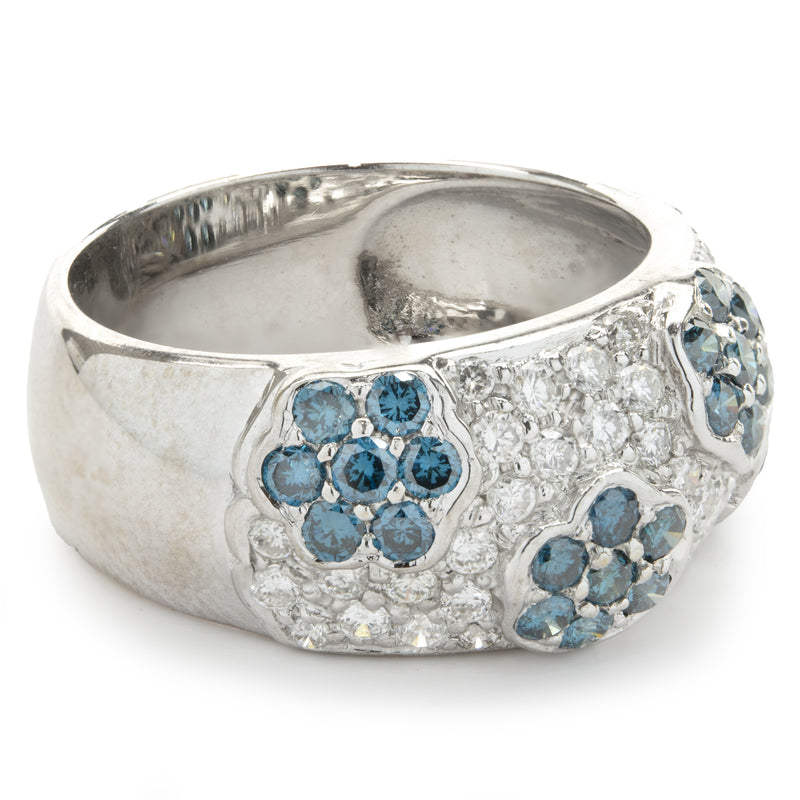 14 Karat White Gold White and Blue Diamond Flower Band