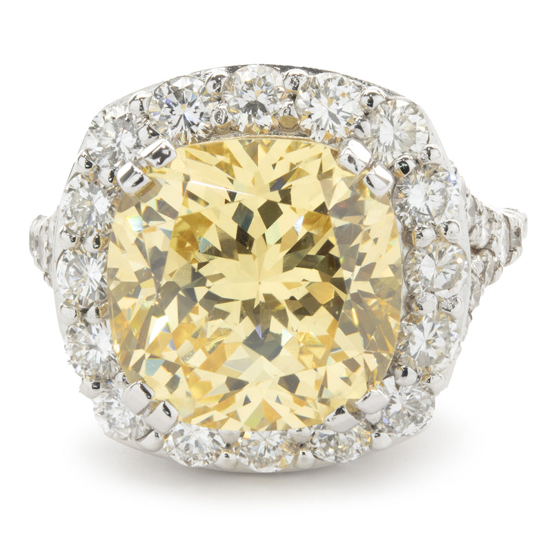 14 Karat White Gold Yellow Cubic Zirconia and Diamond Ring