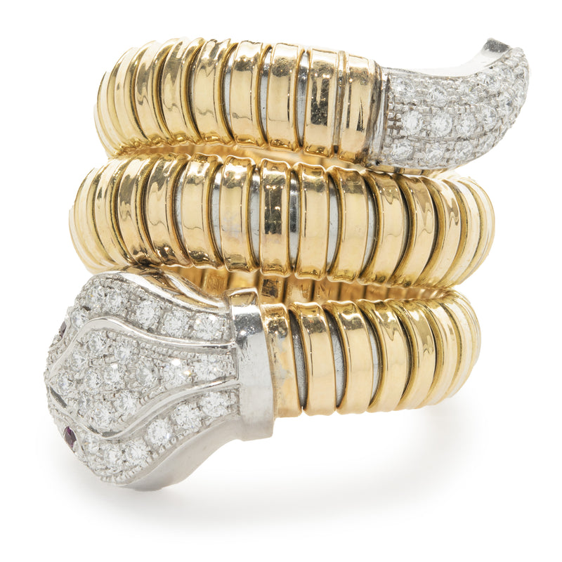 18 Karat Yellow & White Gold Pave Diamond Snake Ring