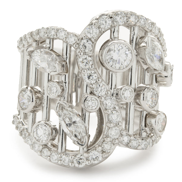 14 Karat White Gold Multi Shape Diamond Open Bar Ring