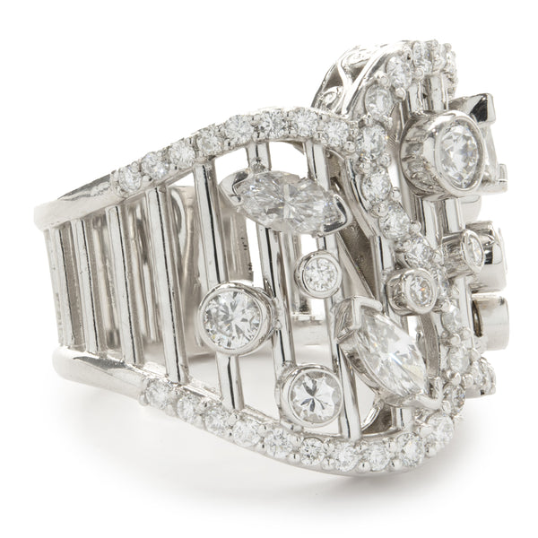 14 Karat White Gold Multi Shape Diamond Open Bar Ring