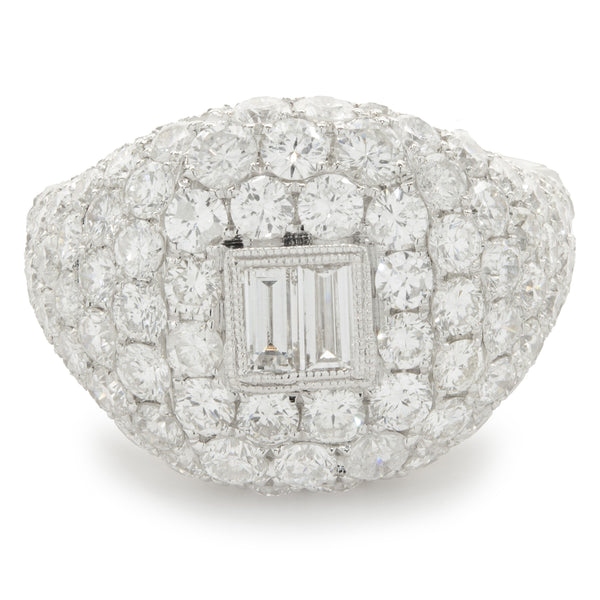 18 Karat White Gold Pave Diamond Signet Ring with Baguette Diamond Center
