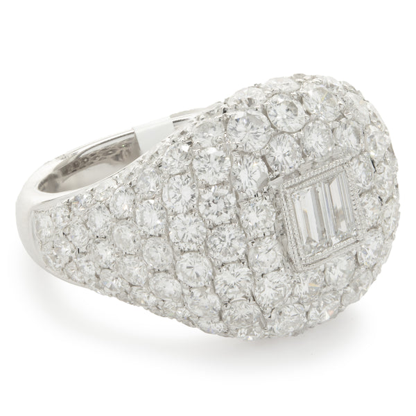 18 Karat White Gold Pave Diamond Signet Ring with Baguette Diamond Center