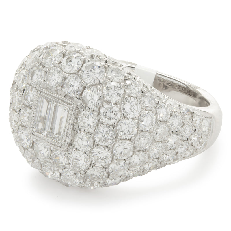 18 Karat White Gold Pave Diamond Signet Ring with Baguette Diamond Center