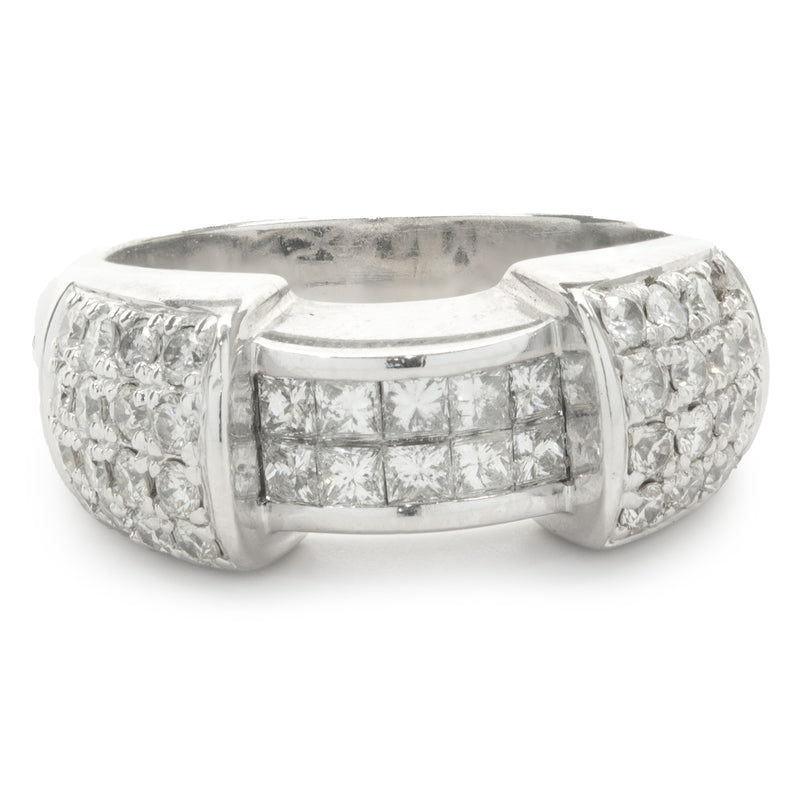 14 Karat White Gold Pave Diamond Ring with Invisible Set Princess Cut Diamond Center