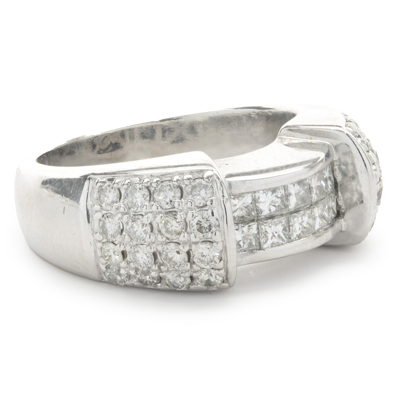 14 Karat White Gold Pave Diamond Ring with Invisible Set Princess Cut Diamond Center