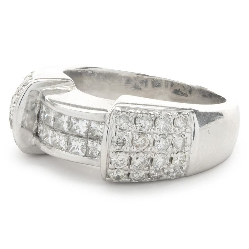 14 Karat White Gold Pave Diamond Ring with Invisible Set Princess Cut Diamond Center