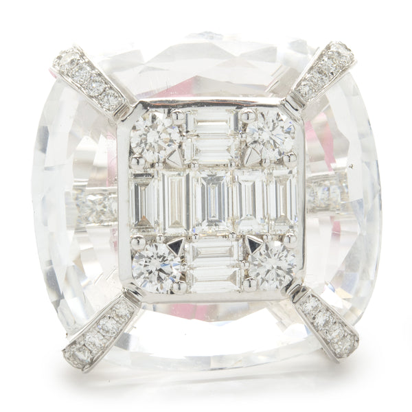18 Karat White Gold Carved Crystal and Diamond Cocktail Ring