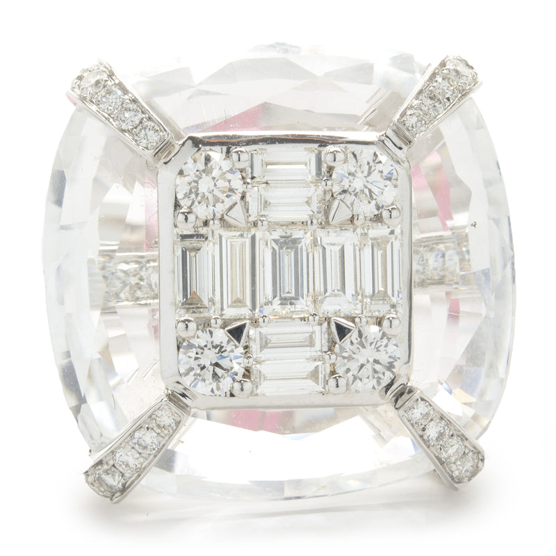 18 Karat White Gold Carved Crystal and Diamond Cocktail Ring