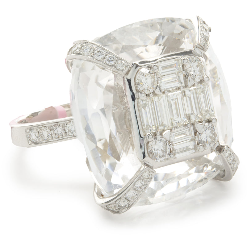 18 Karat White Gold Carved Crystal and Diamond Cocktail Ring