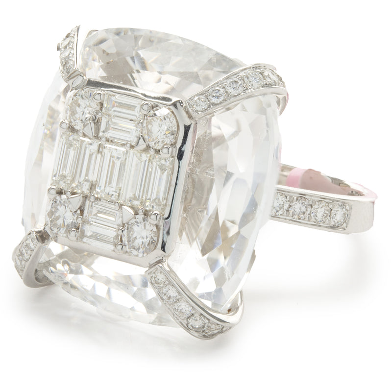 18 Karat White Gold Carved Crystal and Diamond Cocktail Ring