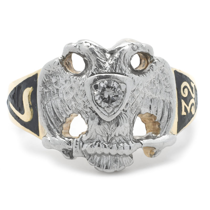 14 Karat Two Tone Vintage 1932 Diamond Masonic Ring