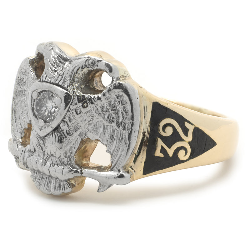 14 Karat Two Tone Vintage 1932 Diamond Masonic Ring