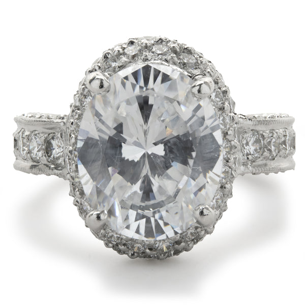 14 Karat White Gold Pave Diamond Semi Mount with Oval CZ Center