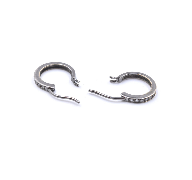 18k White Gold Black Rhodium Diamond Huggie Earrings