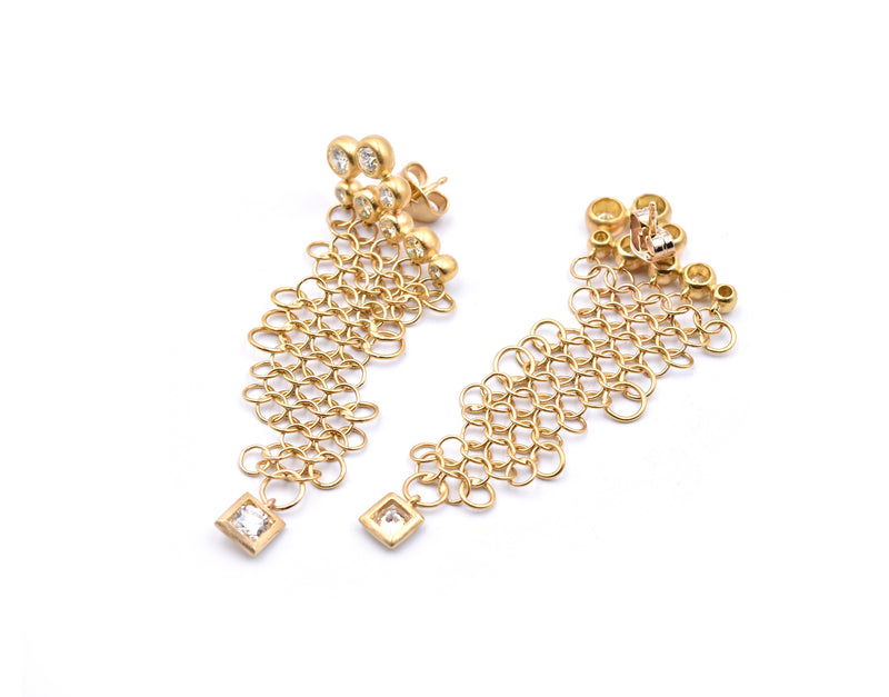 18k Yellow Gold Diamond Mesh Dangle Earrings