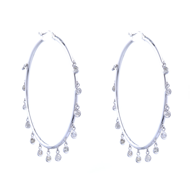 14 Karat White Gold Bezel Set Diamond Hoop Earrings