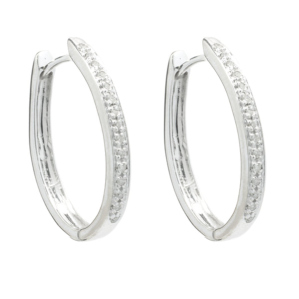 10 Karat White Gold Diamond Oval Hoop Earrings