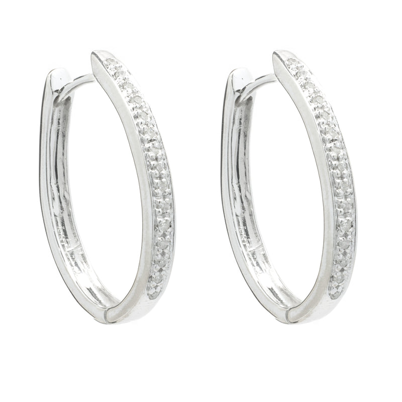 10 Karat White Gold Diamond Oval Hoop Earrings