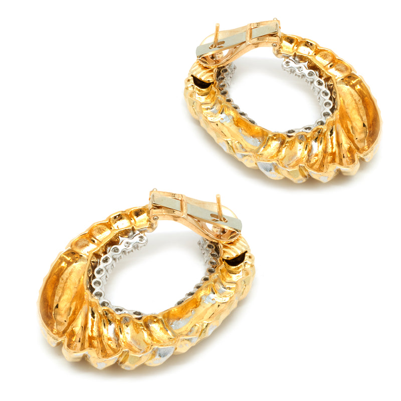 18 Karat Yellow Gold Faceted Ornate Diamond Oval Earrings